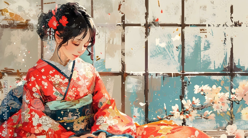 Fototapeta premium A woman in a red kimono is sitting on the floor in front of a window.