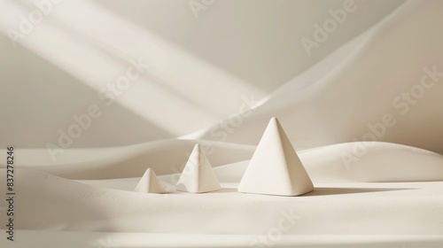 Three white, textured cone-shaped objects of varying sizes placed on a wavy, cream-colored surface photo