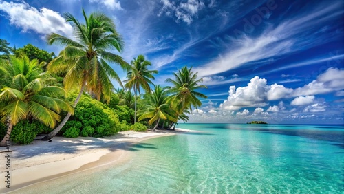 A stunning tropical landscape with palm trees  turquoise ocean  blue sky  white sand beach on an island in Maldives  Tropical  landscape  palm trees  turquoise ocean  blue sky