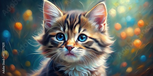 Close-up of an adorable kitten painting , cute, kitten, feline, animal, pet, fluffy, whiskers, close-up, painting, portrait, artwork, adorable, sweet, small, furry, domestic cat © joompon