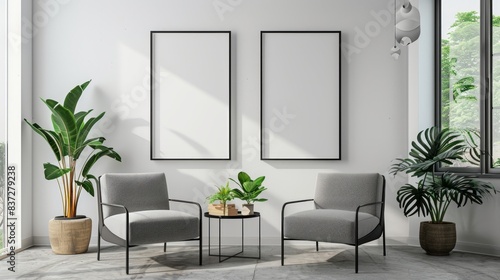 Frame mockup. Living room wall poster mockup. Interior mockup with house background, Generative AI. © RIZAL