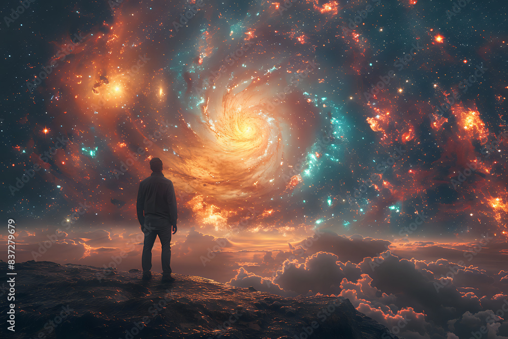 Person standing on a cliff, gazing at a swirling galaxy in the sky, perfect for content related to fantasy, space, and introspection. Ideal for promoting themes of wonder, exploration Person standing on a cliff, gazing at a swirling galaxy in the sky, perfect for content related to fantasy, space, and introspection. Ideal for promoting themes of wonder, exploration