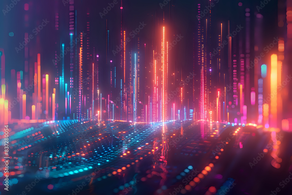 Naklejka premium Abstract digital landscape with vertical glowing lights in red, blue, and pink hues, creating a futuristic and dynamic visual. Perfect for technology, data visualization, and digital art projects with