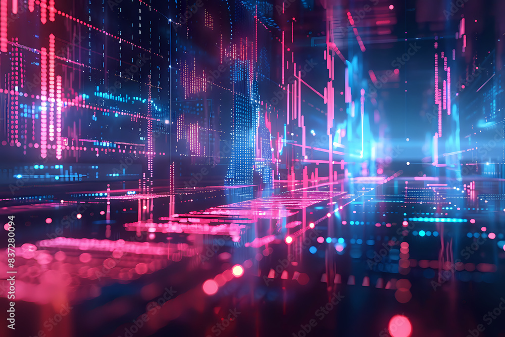 Obraz premium Abstract digital landscape with glowing red and blue lights, creating a futuristic and dynamic visual. Perfect for technology, data visualization, and digital art projects with copy space.