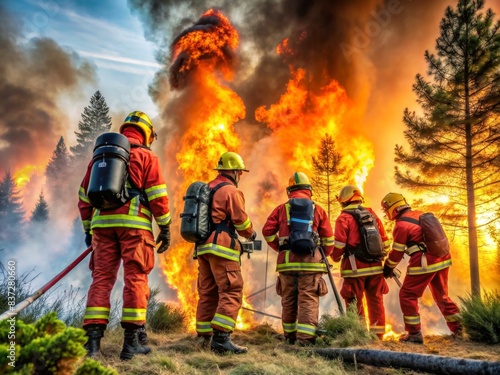 Firefighters coordinating to suppress forest fire and rescue individuals, firefighting, teamwork, coordination, emergency response, forest fire, wildfire, rescue mission, safety, brave photo