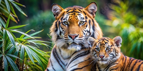 Close up of tiger mom and son in natural habitat  tiger  family  mother  cub  wildlife  bond  love  nature  stripes  safari  jungle  parenting  feline  predator  outdoors  wild