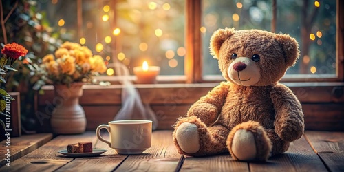 A cute teddy bear plush toy sitting alone in a cozy setting photo
