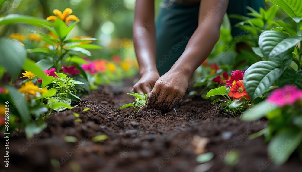 Person planting vibrant flowers in the garden Person planting vibrant flowers in the garden