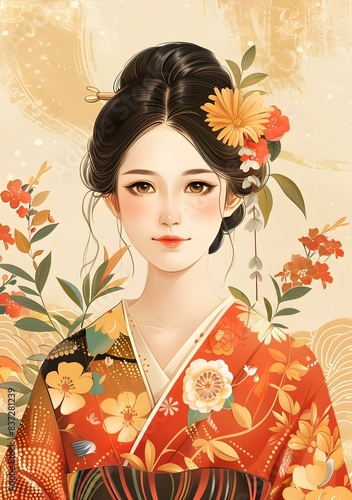 A beautiful Japanese woman in a kimono with flowers in her hair