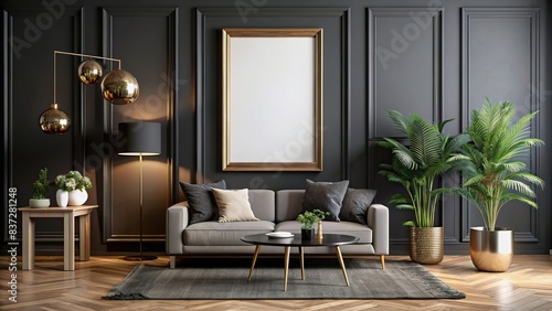 Empty mockup frame in a black living room with beautiful decorations  black  living room  mockup frame  empty  decorations  interior design  cozy  elegant  stylish  modern  minimalist