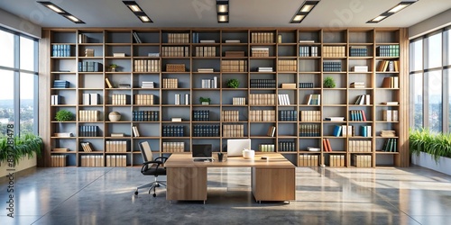 An empty office space with a shelf filled with books on business management and leadership, symbolizing wisdom in the workplace photo