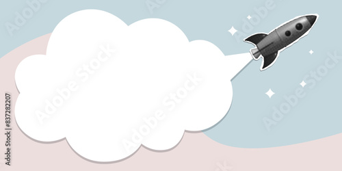 Banner with rocket launch and speech bubble. Business startup concept. Modern collage. Creative illustration with cut out newspaper elements. Sale banner. Announcement concept