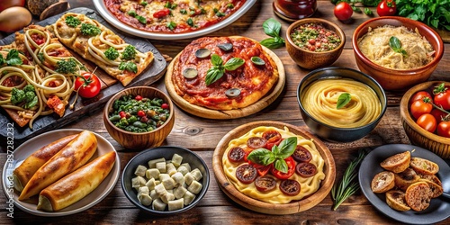 Classic Italian food concept featuring various dishes like pasta, pizza, risotto, and tiramisu, Italian, food, cuisine, pasta, pizza, risotto, tiramisu, delicious, traditional, menu