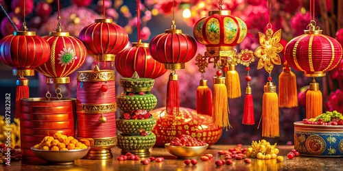 Vibrant Chinese New Year decorations with lanterns, lucky coins, and firecrackers © artsakon