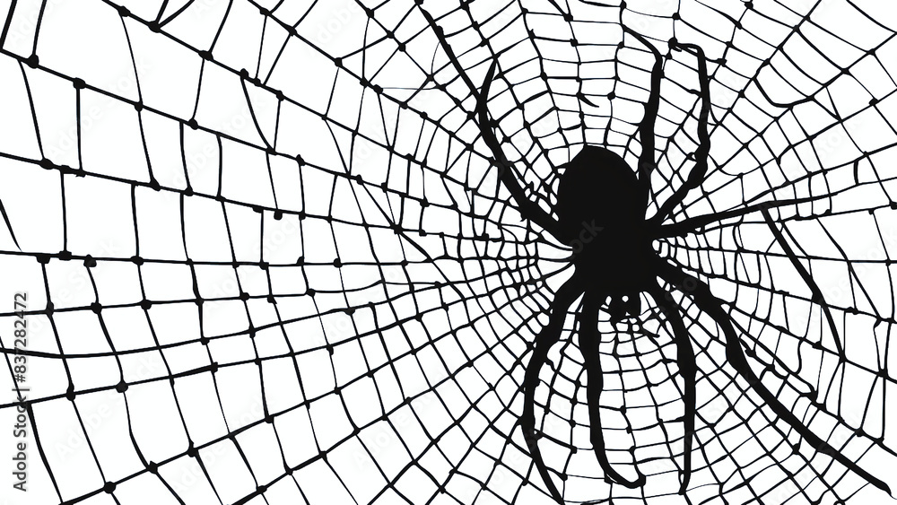 Obraz premium flat vector black silhouettes of spiders on spiders net, white background, halloween asset