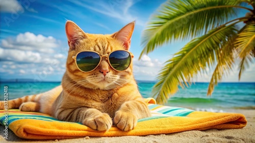 A relaxed ginger cat with sunglasses lounging on a beach towel at a tropical beach , cat, ginger, sunglasses, beach towel, tropical, beach, relaxation, sunny, chill, feline, vacation, pet photo