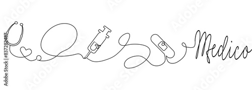 Medico continuous line drawing of Syringe, stethoscope, plaster. Line breaking love for medicine in simple linear style. Vector Graphic Illustration for Canva, presentation, decoration photo
