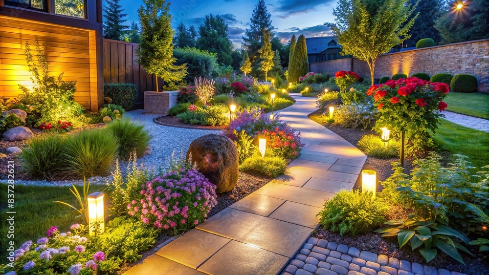 Illuminated pathway in modern garden landscape design with ambient lighting highlighting flowers
