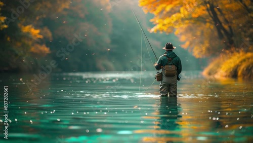 Male angler fishing in a serene river surrounded by autumn foliage, enjoying a peaceful afternoon outdoors in nature.