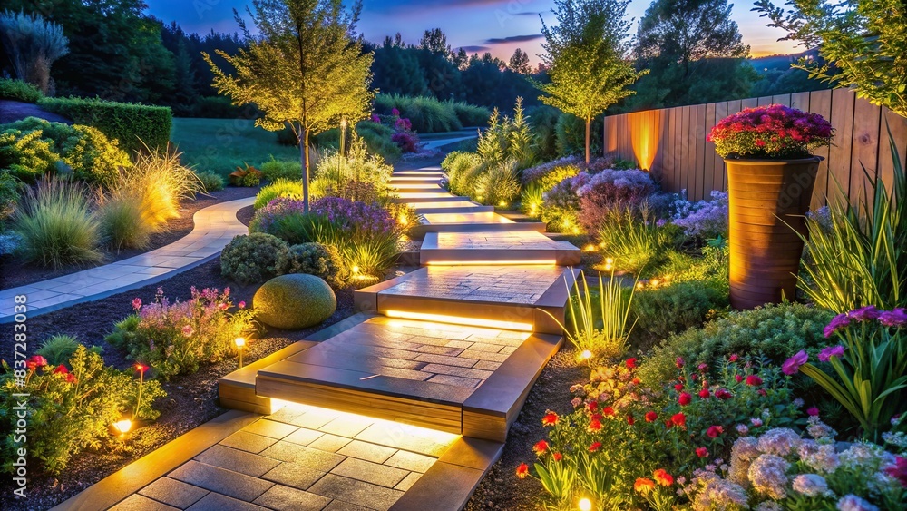 Illuminated pathway in modern garden landscape design with ambient ...