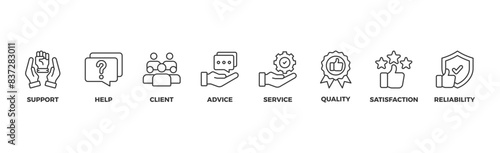 Customer care banner web icon illustration concept for customer support and telemarketing service with an icon of help, client, advice, chat, service, reliability, quality, and satisfaction