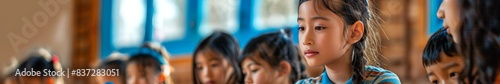 East Asian Female Teacher Guiding Children in Building Block Tower in Classroom © Ryzhkov