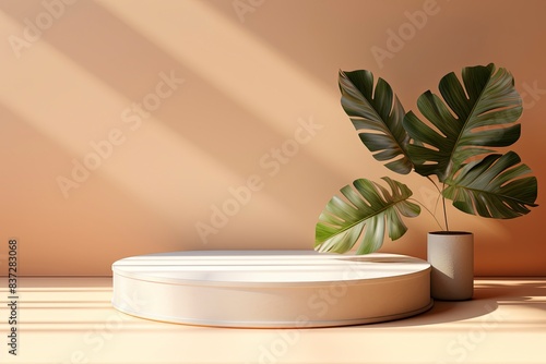 3d rendering podium with leaf background, generative ai
