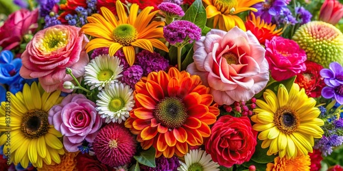 A close-up photo of a vibrant bouquet of assorted flowers in full bloom © artsakon
