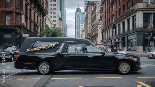 side view of a black hearse decorated with flowers, going to a funeral