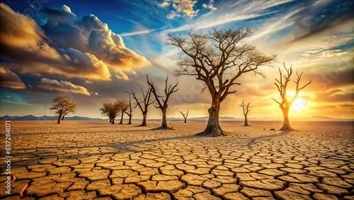 A barren landscape with cracked earth and dead trees, symbolizing the world in the era of climate change, barren, landscape, cracked, earth, dead trees, climate change, global warming photo