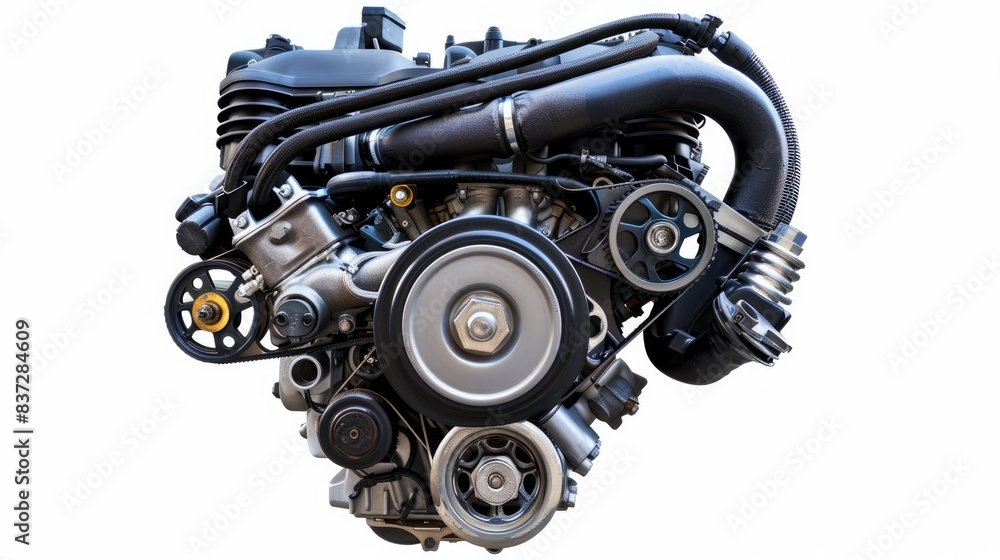 A car engine, representing modern automotive technology, is isolated on a white background. A car engine, representing modern automotive technology, is isolated on a white background.