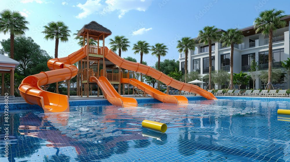 A 3D cartoon style water park with an orange slide and a blue pool in front A 3D cartoon style water park with an orange slide and a blue pool in front