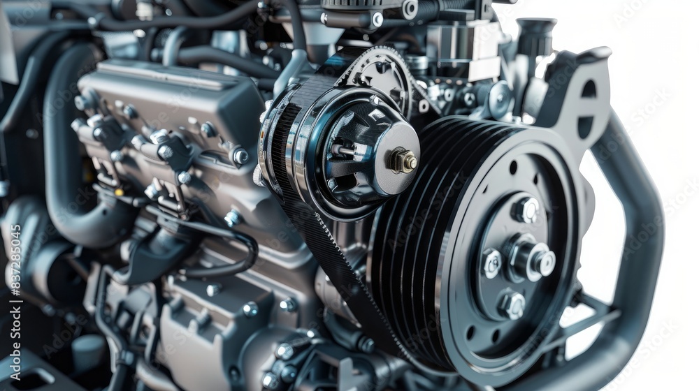 A car engine, representing modern automotive technology, is isolated on a white background. A car engine, representing modern automotive technology, is isolated on a white background.