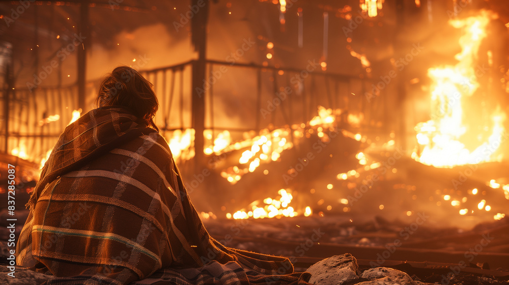 A person wrapped in a blanket watches as flames consume their warehouse. Lost in deep thought, she watches the destructive power of fire reduce her work to ashes. A person wrapped in a blanket watches as flames consume their warehouse. Lost in deep thought, she watches the destructive power of fire reduce her work to ashes.