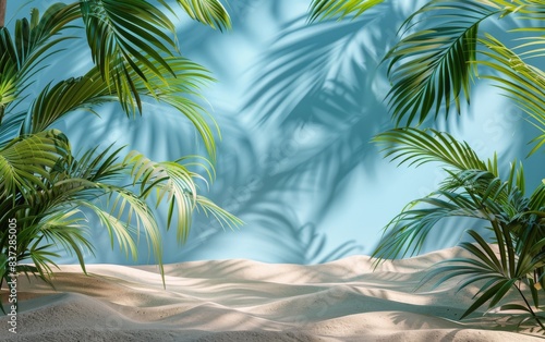 Tropical Palm Tree Leaves and Sand With Blue Background