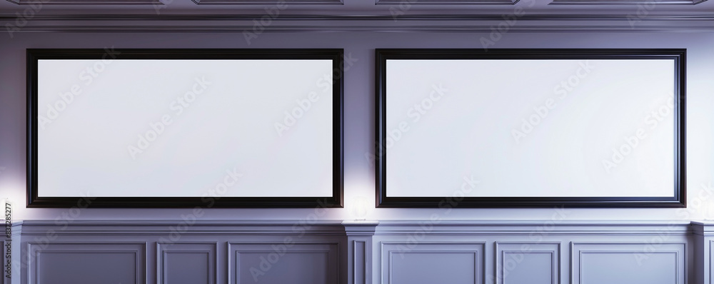 Two horizontal empty white frames with dark borders, each spotlighted against a wall featuring a classic wainscoting design Two horizontal empty white frames with dark borders, each spotlighted against a wall featuring a classic wainscoting design