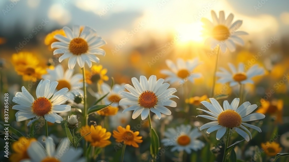 Fototapeta premium White Daisies Blooming in a Field at Sunset
