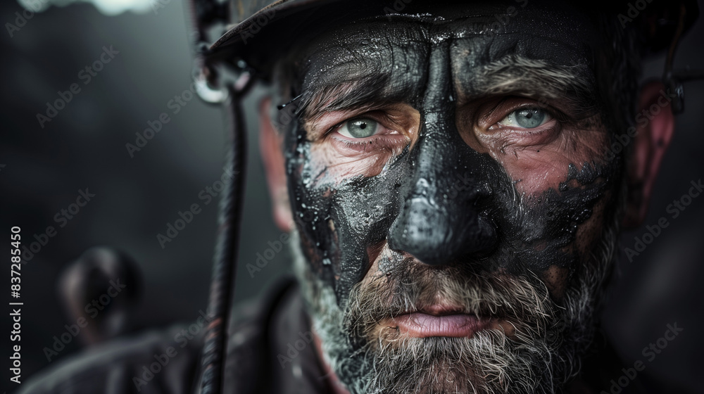 The miner's face is covered with a layer of soot. The look in his eyes and tired face tell the story of the effort and sacrifice that comes with working deep in the mine. The miner's face is covered with a layer of soot. The look in his eyes and tired face tell the story of the effort and sacrifice that comes with working deep in the mine.