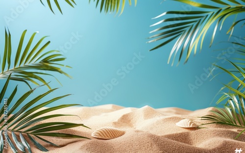 Tropical Palm Tree Leaves and Sand With Blue Background