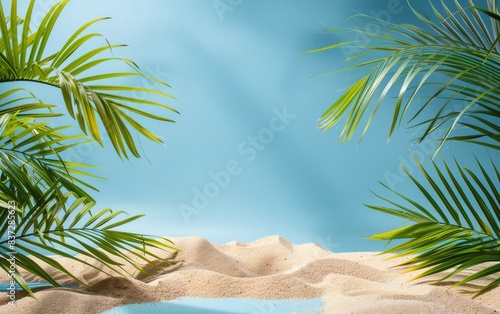 Tropical Palm Tree Leaves and Sand With Blue Background