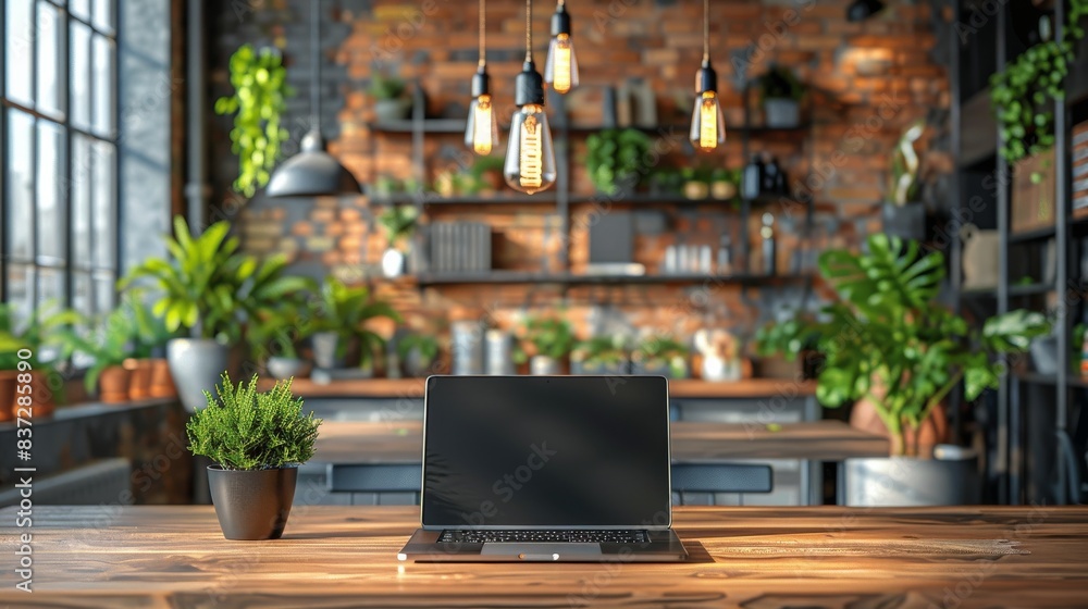 Obraz premium Laptop on Wooden Table in a Modern Loft Space With Plants and Edison Bulbs