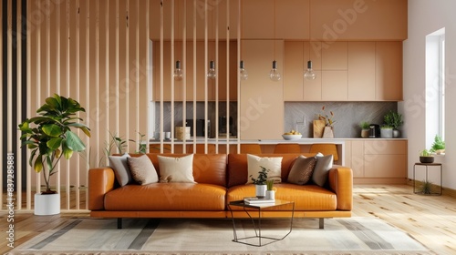 Wallpaper Mural Living room interior wall mockup in warm tones with leather sofa which is behind the kitchen, Generative AI. Torontodigital.ca