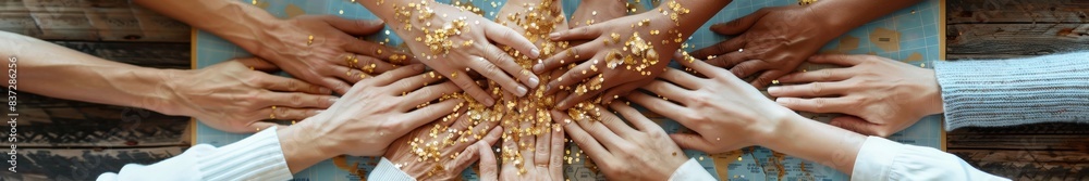 Diverse Hands of Men and Women Joining Over a World Map, Symbolizing Unity and Global Partnership in a Daylight Setting Diverse Hands of Men and Women Joining Over a World Map, Symbolizing Unity and Global Partnership in a Daylight Setting