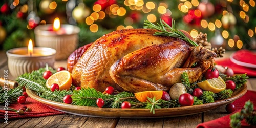 Close-up of a beautifully roasted turkey on a table surrounded by festive decorations