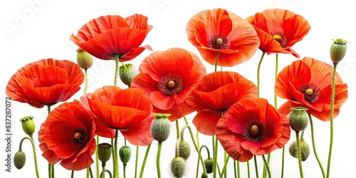 Vibrant red poppy flowers isolated on a white background