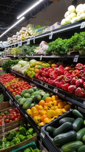 Many different types of vegetables on display in a store, grocery store 