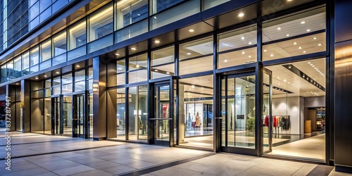 Large glass automatic entrance doors of a shopping center with reflection and black frame  showcase  and lighting exterior