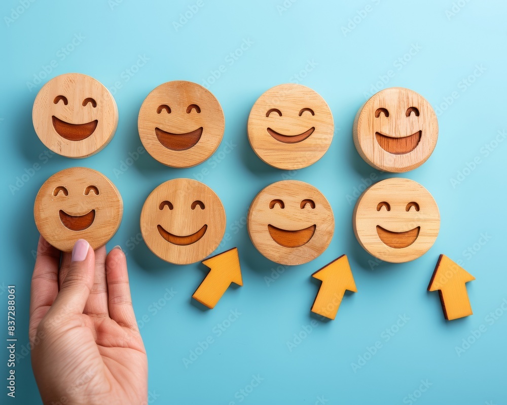 Optimistic Progress: Human Hand Arranging Wooden Emoji Faces with Arrows on a Light Blue Background for World Emoji Day Optimistic Progress: Human Hand Arranging Wooden Emoji Faces with Arrows on a Light Blue Background for World Emoji Day
