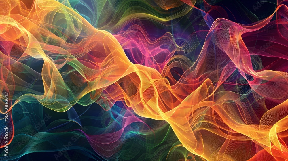 Abstract visuals of AI algorithms creating music, with flowing patterns and colors Abstract visuals of AI algorithms creating music, with flowing patterns and colors