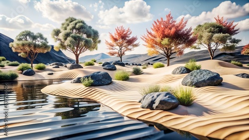 Tranquil Desert Landscape Painting with Vibrant Autumn Colors: River, Trees, and Rocks photo